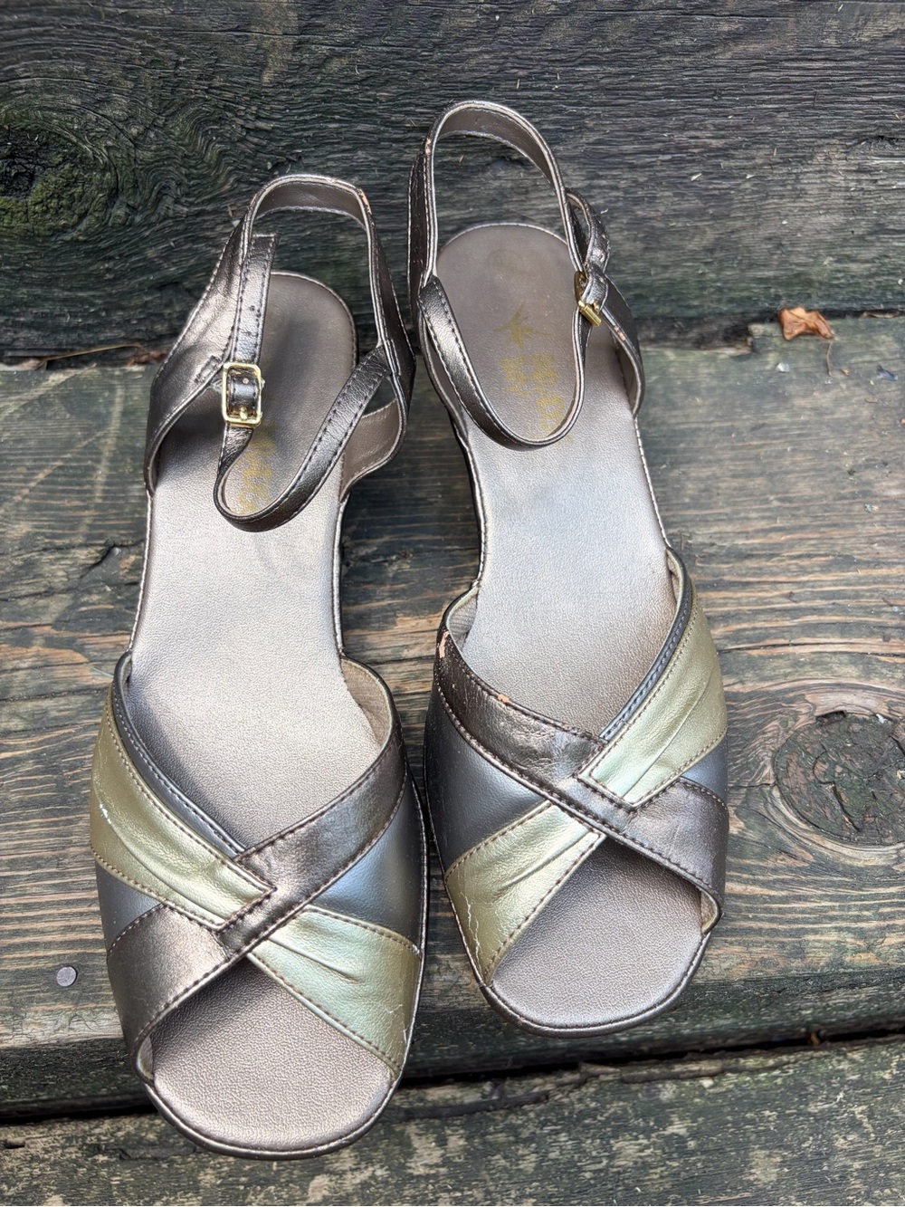 Metallic Bronze & Olive Slingback Sandals - Women's Dress Sandal Flaws pictured